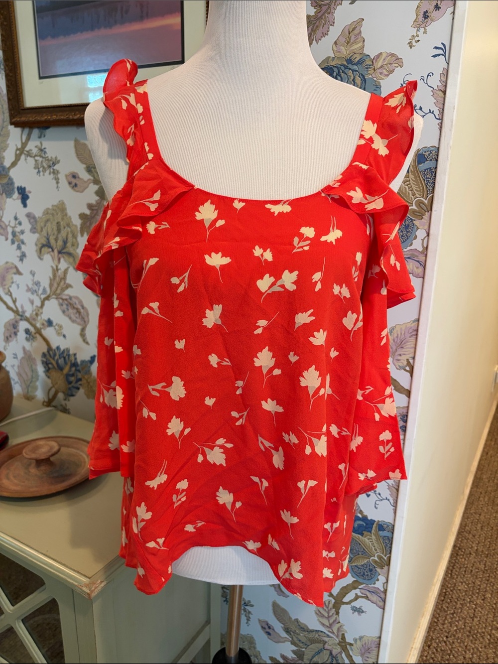 Shoshanna Silk Bronwen Floral Cold-Shoulder Ruffle Top